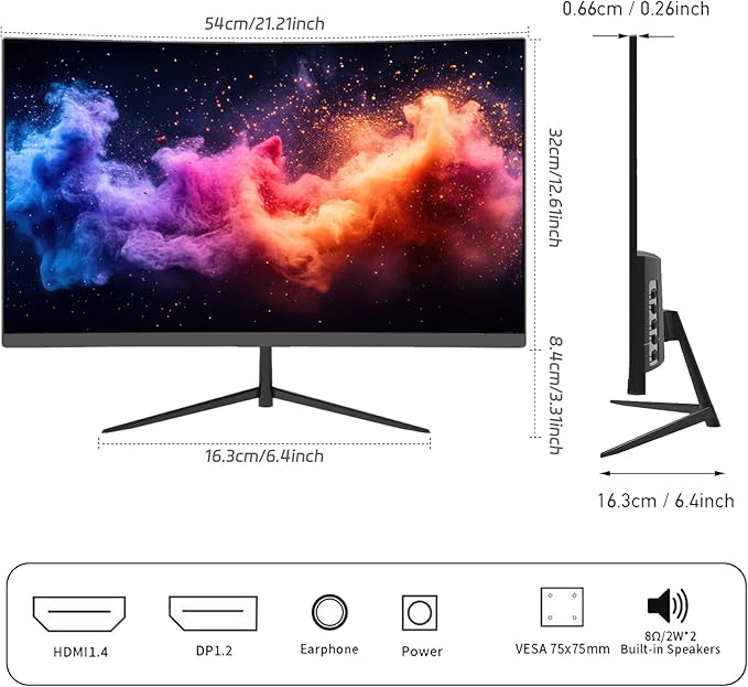 24 Curved Gaming Monitor FHD 1080P 100Hz Refresh Rate 3ms Fast Response FreeSync Eye Protection Display Slim Design with Speakers HDMI/DP VESA Compatible