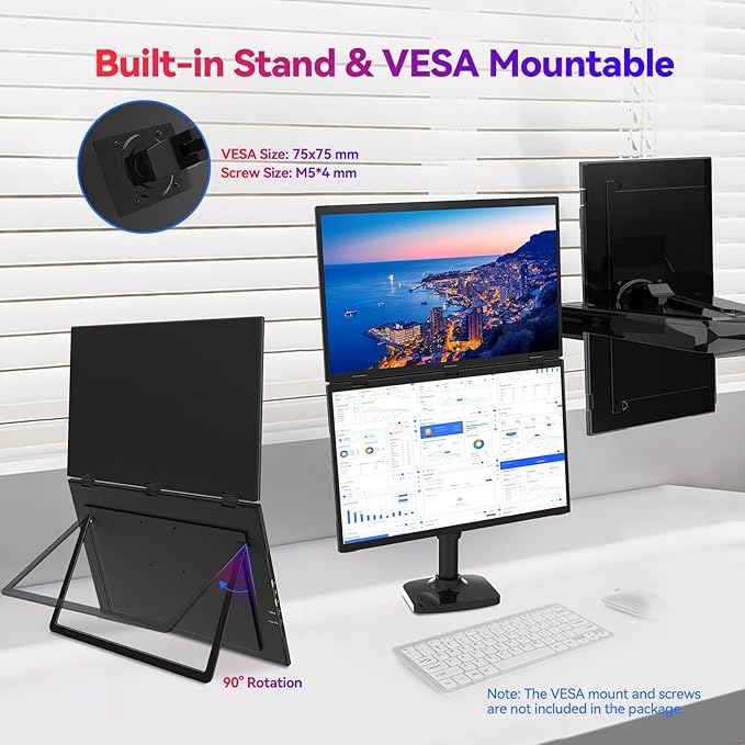 AUSDOM 18.5 Stacked Dual Portable Monitor for Laptop 100Hz 1080P Foldable Screen Extender 360° Folding Double External Display with Stand &amp VESA USB-C mini-HDMI Travel Monitor for Win/Mac B