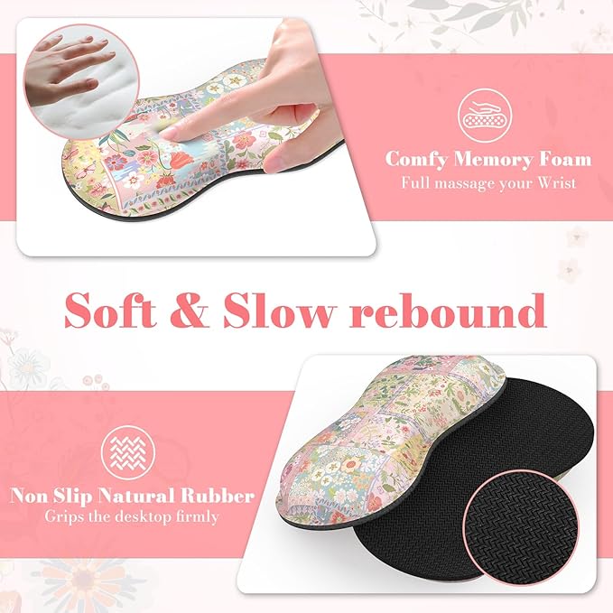 iLeadon Cute Floral Desk Mat Set Non Slip Mouse Pad with Wrist Support Wrist Pad for Keyboard Desk Mat with Wrist Rest Ergonomic Mouse Pad Set for Women Home Office (Pink)