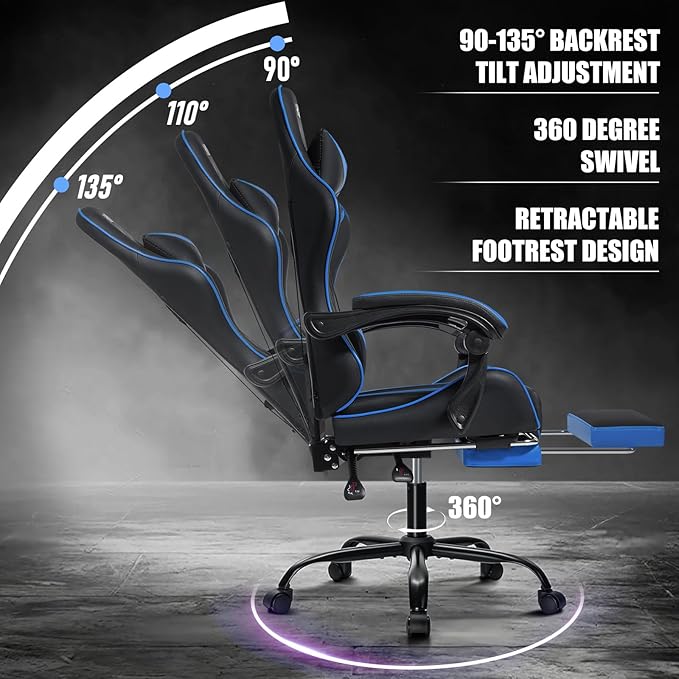 Gaming Chair with Massage Ergonomic Computer Chair with Footrest and Lumbar Support Reclining PC Game Chair for Boys with Adjustable Armrest and Headrest Blue