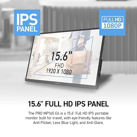 msi Pro MP165 E6 Ultra Slim &amp Light Portable Monitor15.6 FHD IPS 1080p USB Type-C HDMI Built-in Speakers Tripod Mount Support Perfect for PC Mac PS5 PS4 Xbox Mobile Metal Gray