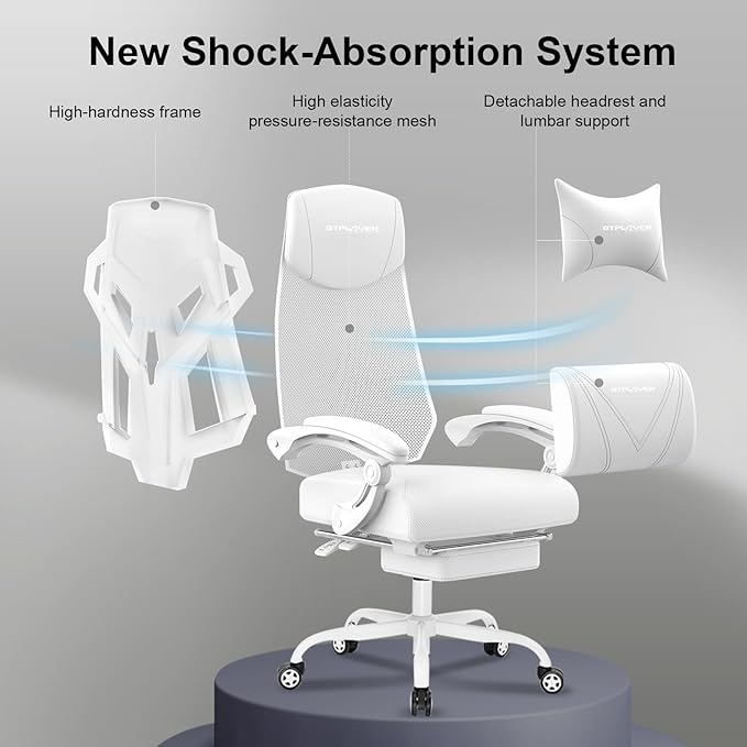 GTPLAYER Gaming Chair Computer Chair with Mesh Back Ergonomic Game Chair with Footrest Reclining Game Chair with Adjustable Headrest and Lumbar Support for Gaming and Office (White)