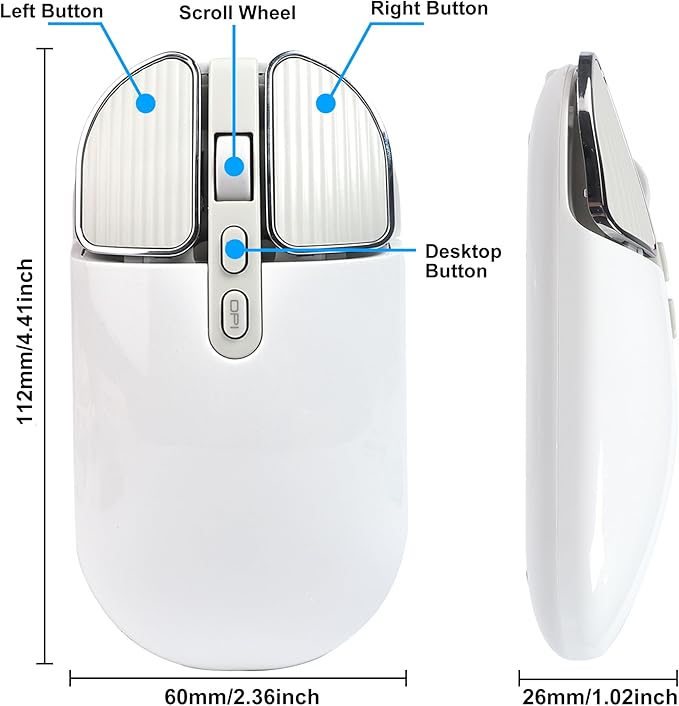 Wireless Mouse Bluetooth Cute Ultra Slim Silent Computer Mice with USB Receiver Dual-Mode 2.4G &amp Bluetooth Rechargeable Portable USB Cordless Mouse for Laptop PC Desktop Tablet Kids Adults GiftWh