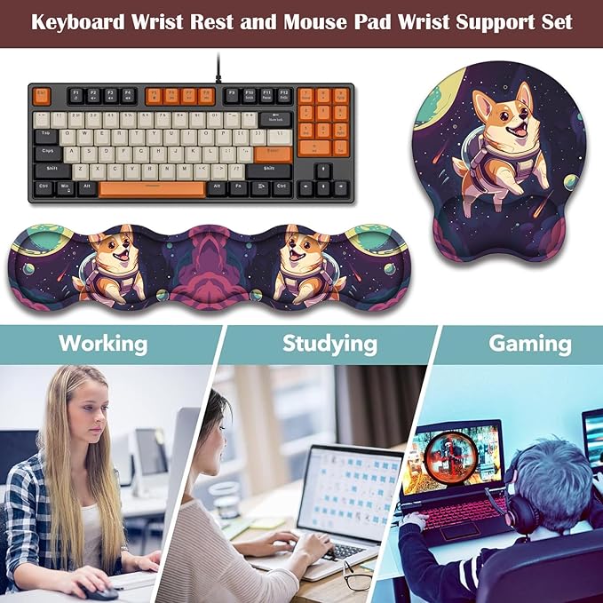 Keyboard Wrist Rest and Mouse Pad Wrist Support with Lace-Shaped Coaster Set Ergonomic Gel Memory Foam and Anti-Slip Base Easy Typing and Pain Relief - Space Corgis