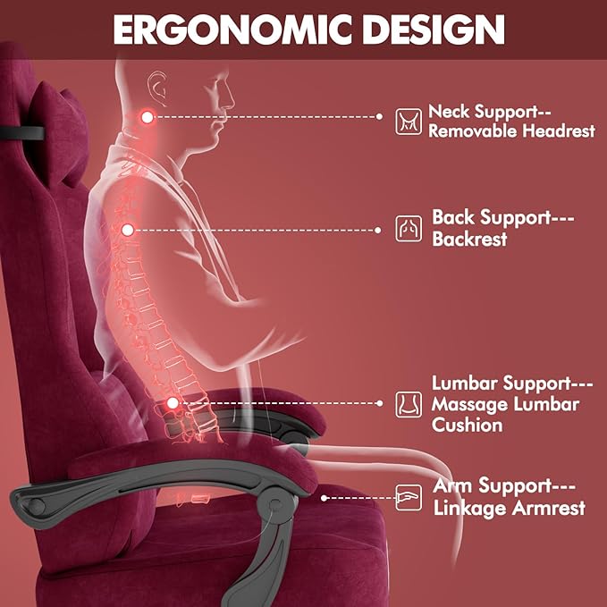 Soontrans Red Velvet Fabric Gaming Chairs with Footrest Ergonomic Comfortable Video Gamer Chair Reclining Office Computer Desk Game Chairs with Massage Lumbar CushionHeadrest for Adult