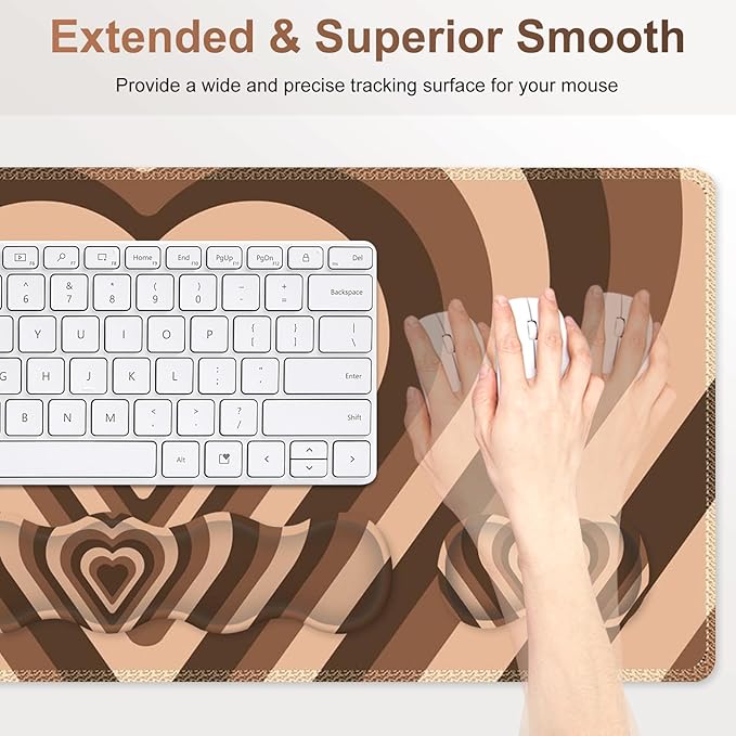 Gaming Mouse Pad Keyboard Wrist Support 4 in1 Mousepad with Wrist Keyboard Rest Computer Desk Mat Non-Slip Desk Pad Protector with Memory Foam Easy Typing Pain Relief I Lovely Brown Hearts