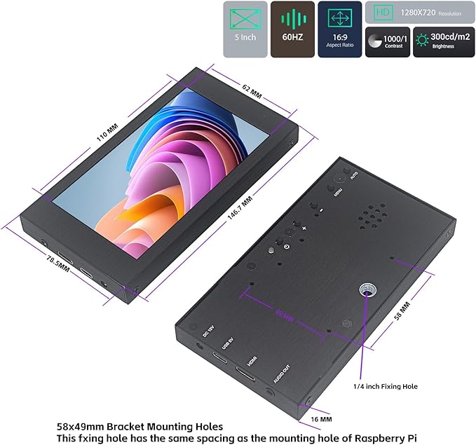 5 inch Touch Screen Monitor 1280x720 Mini IPS ScreenHDMI PC Monitor with HDMI Inputs Compatible with Raspberry Pi PCLaptop