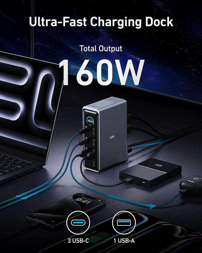 Anker Prime Docking Station 14-Port with 160W Max Output 10Gbps Fast Data Transfer Real-Time Smart Interface Audio and Ethernet Ports Dual 4K Displays for Dell HP Lenovo and More