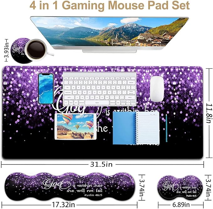 Black Gaming Mouse Pad Extended Large Mouse Pads Ergonomic Memory Foam Keyboard Wrist Rest Support &amp Non-Slip Mouse Wrist Rest for Laptop Desk Writing Pad Purple Glitter Psalm 46:5 Office Desk M
