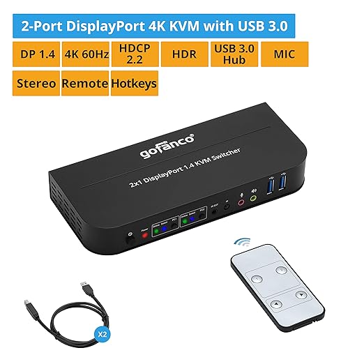 gofanco 2 Port 4K 60HZ DisplayPort KVM Switch with USB 3.0 – DisplayPort 1.4 4K @60Hz 4:4:4 HDR HDCP 2.2/1.4 USB Keyboard/Mouse USB 3.0 Hub MIC in Stereo Out IR Remote Hotkeys (KVMDP-2P)