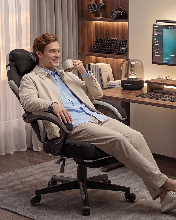 Dowinx Gaming Chair Fabric Gaming Chairs for Adults with Pocket Spring Cushions and Lumbar Support Ergonomic Massage Office Chair High Back with Footrest and Linkage Armrests Black