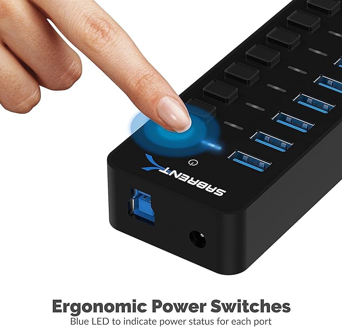 SABRENT 10-Port 60W USB 3.0 Hub with Individual Power Switches and LEDs Includes 60W 12V/5A Power Adapter (HB-BU10)