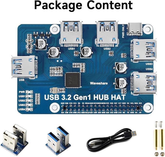 Waveshare USB 3.2 Gen1 HUB HAT Compatible with Raspberry Pi 5/4B/3B/Zero/Zero W/Zero 2W/Pico/Pico W/Pico WH 4X USB 3.2 Gen1 Ports No Driver Required