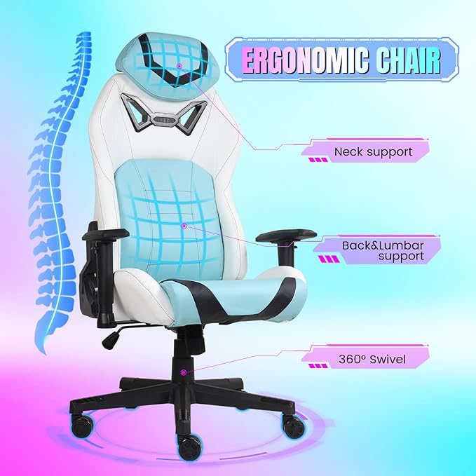 DIKEP Gaming Chair Video Game Chair with Footrest Lumbar Support Headrest PU Leather High Back Computer Chair for Home Office Cyan White