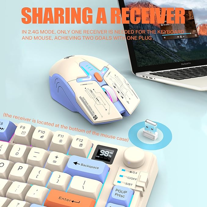 75 ％ Wireless Gaming Keyboard and Mouse Combo Tri-Mode BT5.0/2.4GHz/USB-C RGB Backlit Keyboard + 3D 1600DPI Mice 2000mAh Battery 80 Keys Knob Volume Control (Blue)