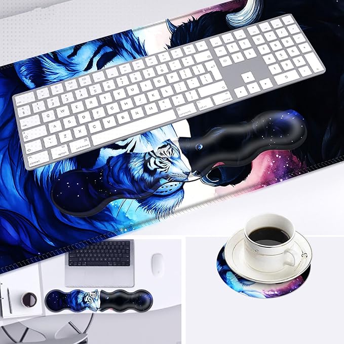Large Mouse Pad and Keyboard Wrist Rest Desk Pad for Keyboard and Mouse 4-in-1 Large Gaming Mouse Pad with Wrist Support Desk Mat for Home Office Study GameTiger and Cow