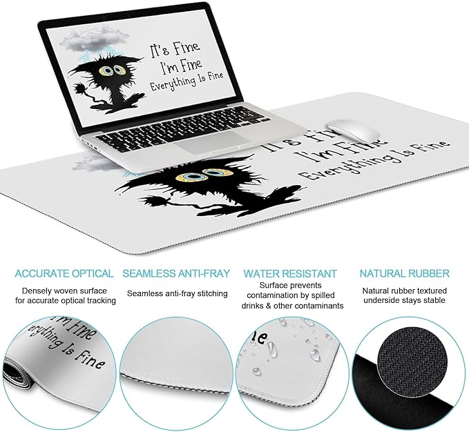 Desk Mat Set Large Gaming Mouse Pad with Wrist Rest Ergonomic Mouse Pad Keyboard Mat Wrist Support Cup Coaster Home Office Desk Accessories Decor Supplies Funny Black Cat