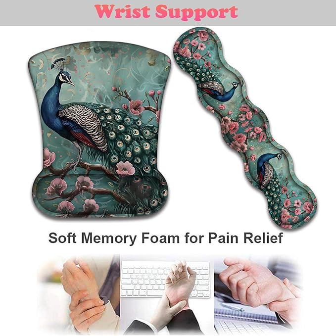 3 in 1 Keyboard Wrist Rest + Mouse Pad and Coaster Ergonomic Gel Mouse Pad and Keyboard Pad Set Comfortable Lightweight for Easy Typing Pain Relie Peacock