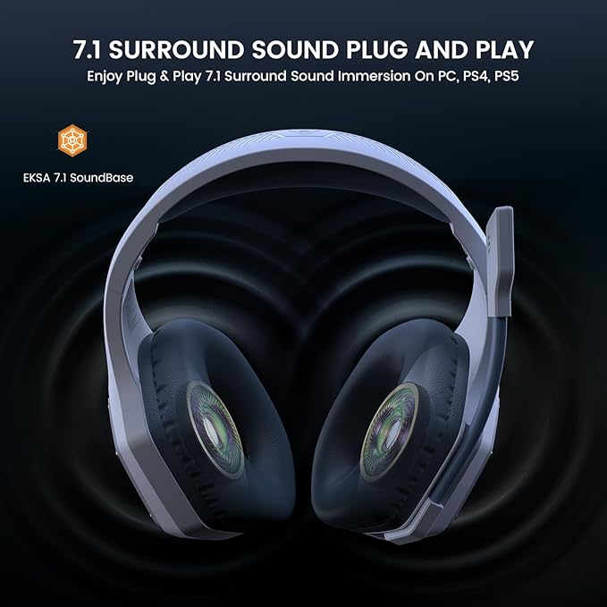 EKSA E1000WT Wireless Gaming Headset2.4GHz USB Gaming Headphones with Microphone for PC PS5 PS4 Nintendo Switch 7.1 Surround Sound Headset RGB Light Ergonomic Design for Birthday Gift