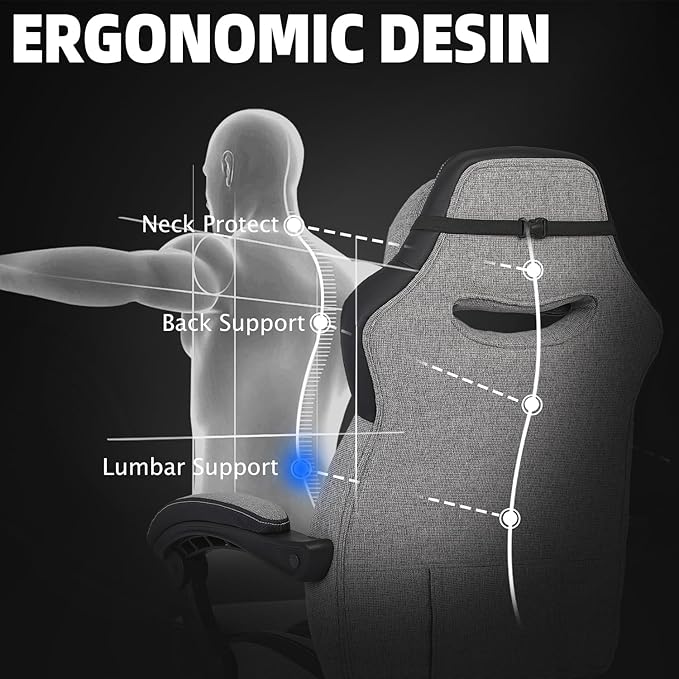 Vonesse Gaming Chair Reclining Fabric Gaming Chairs for Adults 250LBS Office Chair with Pocket Spring Cushion Computer Chair with Footrest and Massage Lumbar Support (Grey)