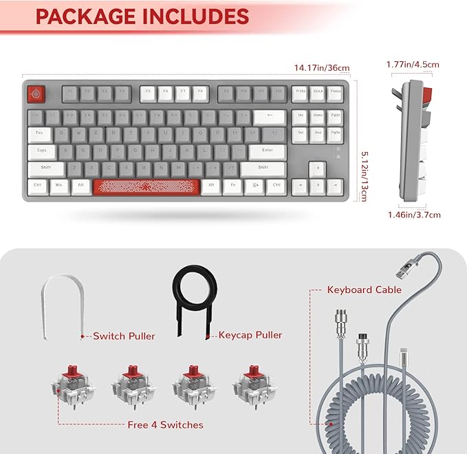 Magic-Refiner AK873 Gaming KeyboardRainbow Led BacklitHot-Swappable Linear Red SwitchPBT Keycap75% TKL LayoutErgonomic Mechanical Keyboard with Custom Coiled USB/Type-C Aviation Cable(White Grey)