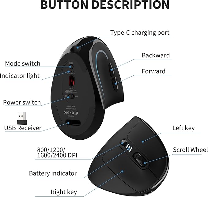 Uineer Ergonomic Mouse Wireless Bluetooth Rechargeable Vertical Mouse 7 Color LED 4 DPI Adjustable USB-A Wrist Strain ReliefOptical Mice for Computer/PC/Laptop Black