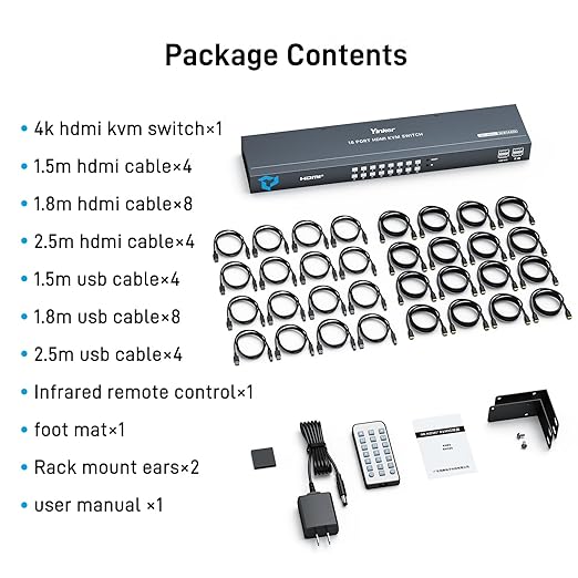 16 Port HDMI KVM Switch 4K@60Hz 2K@144Hz USB Rack Mount KVM HDMI Switch w/16 Pcs Cables Support RGB 4:4:4 HDCP 2.2 3.5mm Audio 4 USB 2.0 IR Remote
