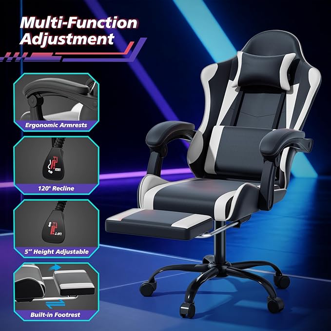 Magshion Gaming Chair for Adults Ergonomic Computer Chair with Linkage Armrests Height Adjustable Gamer Chair with Footrest and Headrest for Home Office 350 Lbs Capacity White