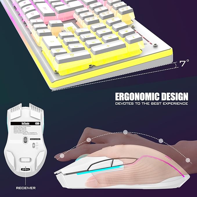 RedThunder K10 Wireless Gaming Keyboard and Mouse Combo RGB Backlit Rechargeable 3800mAh Battery Mechanical Feel Anti-ghosting Keyboard + 7D 3200DPI Mice for PC Gamer(White Pudding)