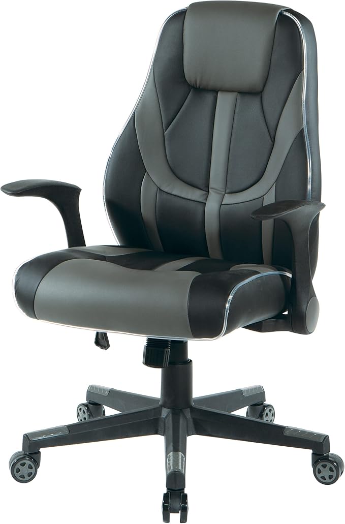 OSP Home Furnishings Output Mid-Back LED Lit Gaming Chair with Thick Padded Seat and Lumbar Support Black Faux Leather with Grey Trim and Accents