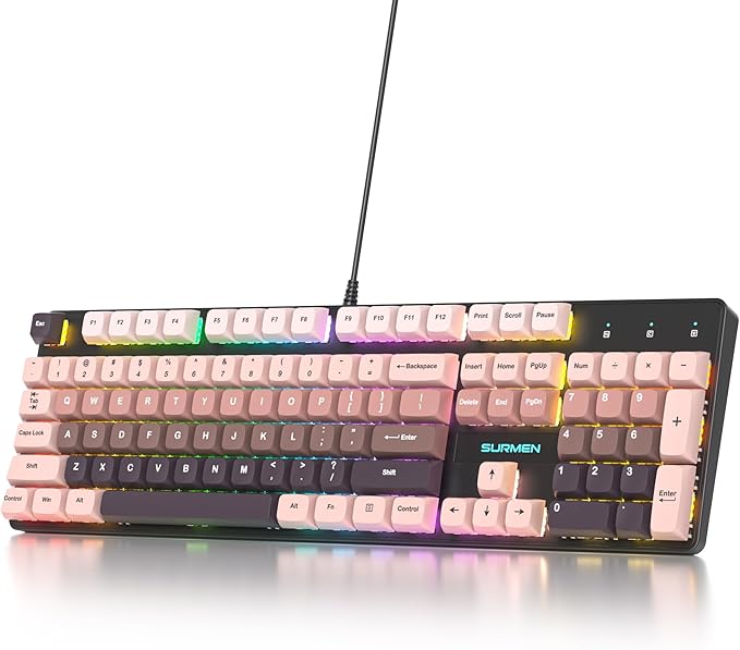 surmen Wired Mechanical Keyboard Full-Size104-Key RGB Thocky Keyboard with Number Pad USB Retro Brown PBT Keycaps for Win Gaming/Office (104 Heimei)