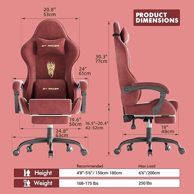 Soontrans Velvet Fabric Gaming Chair for Adult Ergonomic Comfortable Video Gamer Chair with Footrest Reclining Office Computer Desk Game Chairs with Massage Lumbar CushionHeadrest