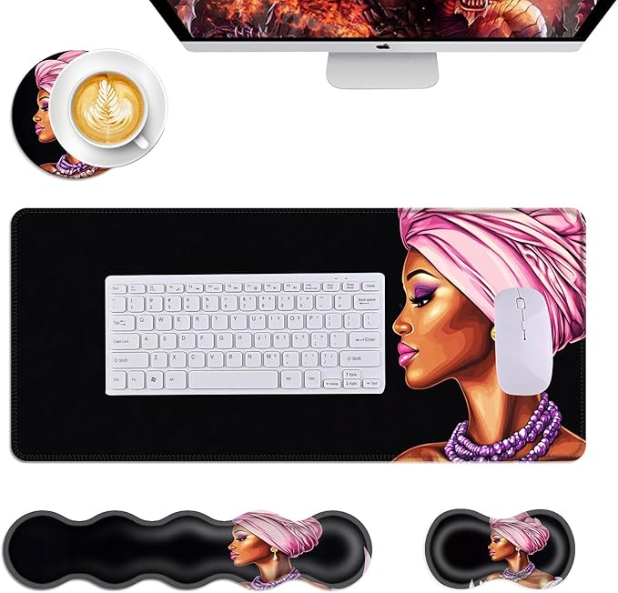 Mouse PadLarge Desk Mat Set 4in1 XL Mousepad + Keyboard Wrist Rest+Mouse Wrist Rest+Coaster with Ergonomic Desk Pad for Home Office Table Computer Cover -African Woman