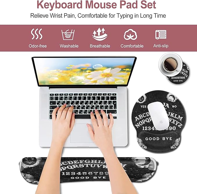 Black Mouse Pad with Stitched Edge Non-Slip Rubber Base Ouija Board Witch Pattern MousePad with Wrist Guard and Keyboard Wrist GuardOffice Accessories Desk Decor for Computers Laptop Cartoon