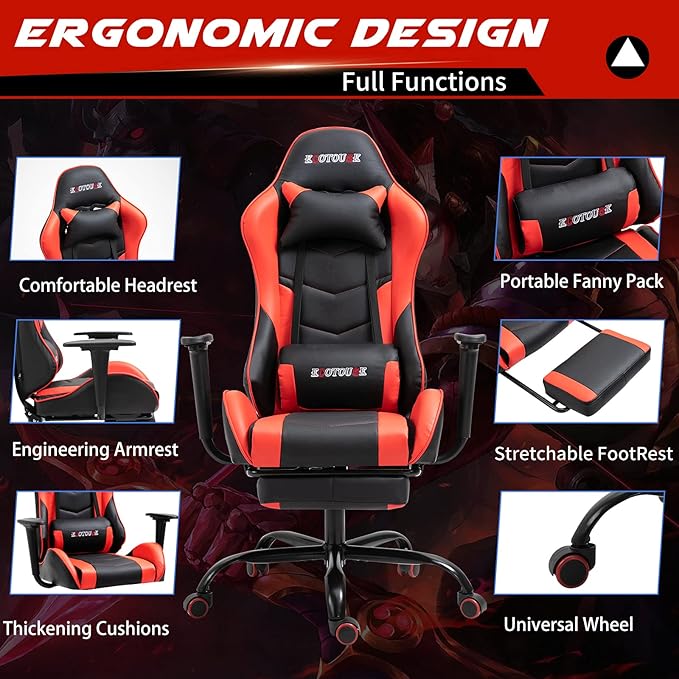 ECOTOUGE PC Massage Gaming Chair with Footrest Ergonomic Office Desk Chair Adjustable Massage Lumbar Cushion and Headrest Red