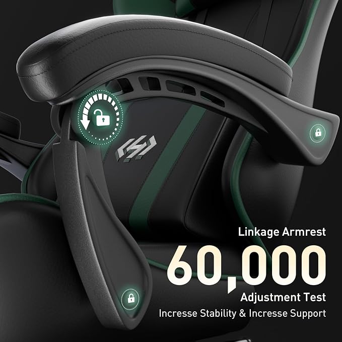 HLDIRECT Gaming Chair Ergonomic Computer Office Chair with Lumbar Support Footrest Headrest PU Leather 360° Swivel Adjustable Height Metal Frame 200 lbs Capacity (Black&ampGreen)