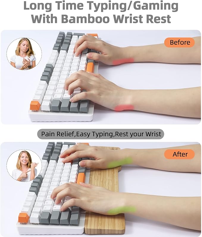 Bamboo Wrist Rest for Computer Keyboard Ergonomic Mechanical Keyboard Wrist Pad Hard Wrist Rest for Easy Typing Pain Relief Anti-Slip Keyboard Rest for Laptop/PC Gaming/Mac (Full Size)