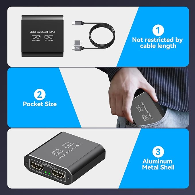 HDMI Splitter Extended Display for Dual Monitor USB A &amp C to 2 hdmi Adapter 1 in 2 Out for Laptop Mac Triple Set Support MST &amp SST Modes 4K@30Hz Out 1 1080p Out 2