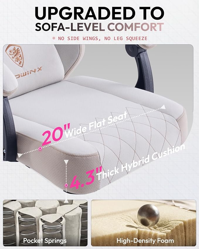 Dowinx Gaming Chair Fabric Gaming Chairs for Adults with Pocket Spring Cushions and Lumbar Support Ergonomic Massage Computer Chair with Footrest for Big and Tall Beige