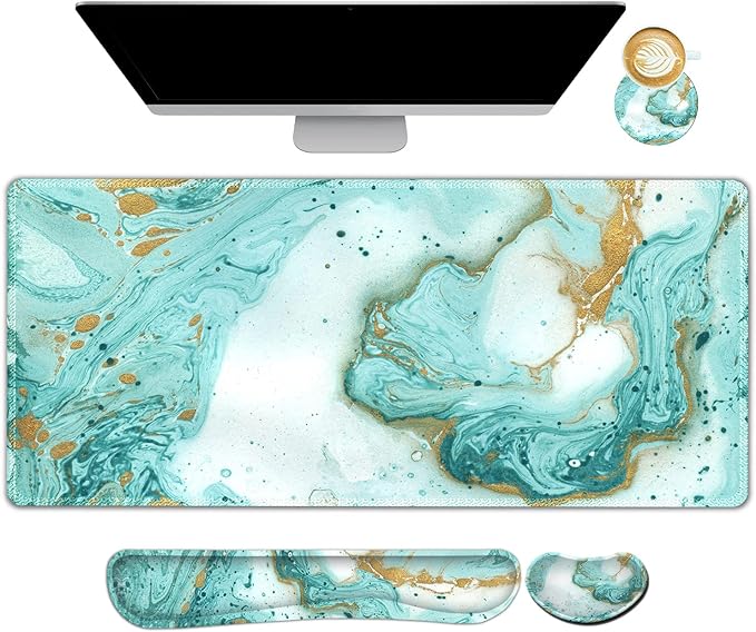 ARTSO Large Gaming Mouse Pad Keyboard Wrist Rest Pad &amp Wrist Support Mousepad Set Stitched Edge Extended Non-Slip Base Memory Foam Desk Mat 4pcs for Office &amp Home Teal Turqoise Marble