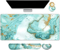 ARTSO Large Gaming Mouse Pad Keyboard Wrist Rest Pad &amp Wrist Support Mousepad Set Stitched Edge Extended Non-Slip Base Memory Foam Desk Mat 4pcs for Office &amp Home Teal Turqoise Marble