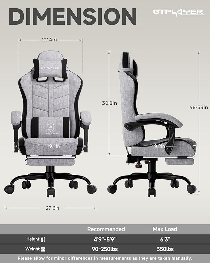 GTPLAYER Gaming Chair with Footrest Computer Gaming Chair for Adults and Kids Height Adjustable Gamer Chair with 90-155° Recline &amp Removable Headrest Lumbar SupportLinen Fabric Gray-Black