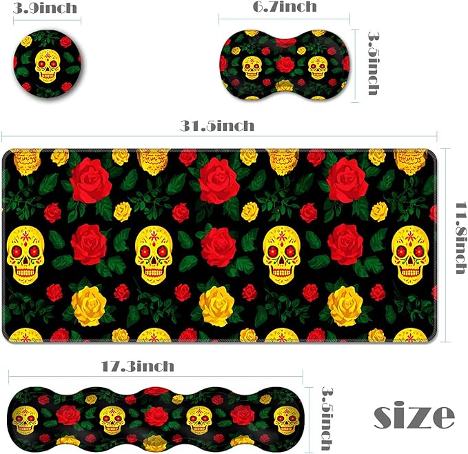 Ergonomic Keyboard Wrist Rest &amp Mouse Pad Wrist Rest SetXL Gaming Desk Mat 31.5x 11.8Non-Slip BaseMemory FoamEasy Typing Pain Relief for Office &amp HomeSugar Skull and Roses