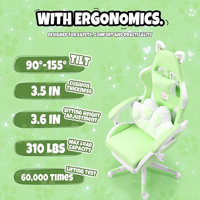 Cute Cat Ears Gaming Chair with Paw Lumbar Cushion High Back Computer Chair with Footrest 360° Swivel Height Adjustable Recliner Game Chair for Girls 300lbs (Green)