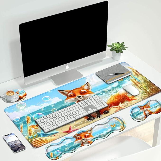 4 in 1 Ergonomic Keyboard Wrist Rest &amp Mouse Pad Wrist Rest Set Large XXL Gaming Desk Mat 31.5x 11.8 with Non-Slip Base Memory Foam for Home Office Study Gaming Fox