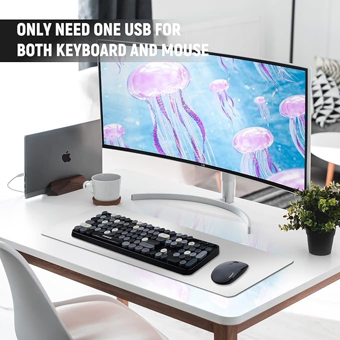 FOPETT Wireless Keyboard and Mouse Combo 104 Keys Full-Sized 2.4 GHz Round Keycap Colorful Keyboards USB Receiver Plug and Play for Windows Mac PC Laptop Desktop (Grey)