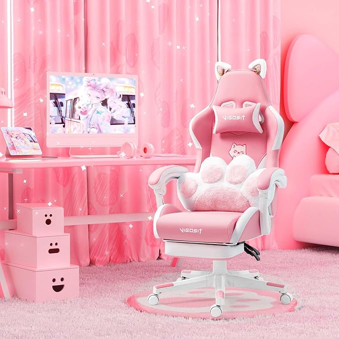【Gaming Chair with Paw Cushion】 Kawaii PC Gamer Chair for Girls Teens Adjustable Height &amp 90-155° Recline 360° Swivel with Retractable Footrest (Pink)