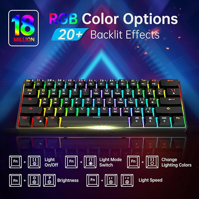 60% Mechanical Gaming Keyboard - 61 Keys Brown Switch Quiet Office Computer Keyboard - Multi Color RGB Rainbow Led Backlit - Programmable for PC/Windows/Mac/Gamer - USB Wired - Black