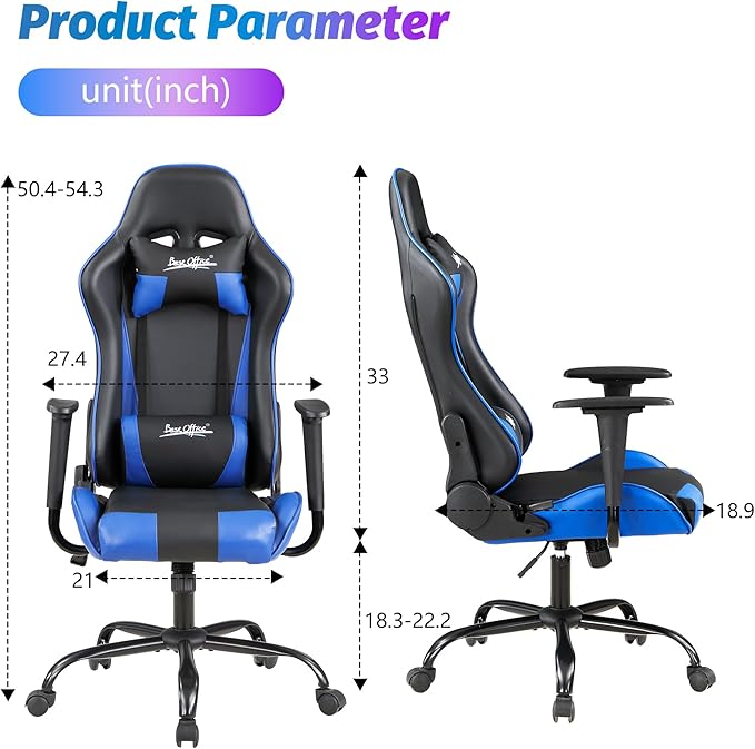 PayLessHere Gaming Chair Ergonomic Office Chair with Lumbar Support Headrest Armrests Rolling Swivel Functionality and Adjustable Features for PC Gamer (Blue)