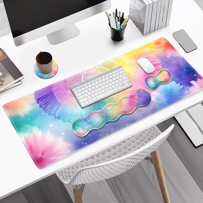 Desk Mat Gaming Mouse Pad Cute Desk Matt Keyboard Wrist Rest for Desktop Anti-Slip Big Mousepad Stitched Edges XXL Large Mouse Pad with Wrist Support for Home Office Computer I Dreamy Colors